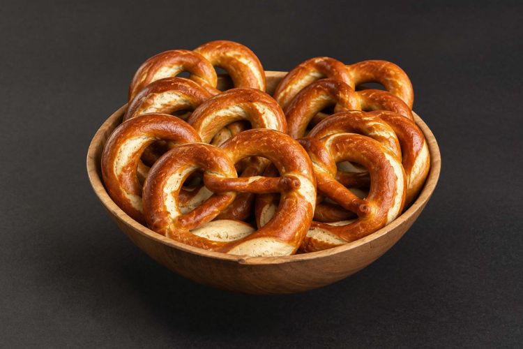 10 Butterbrezeln im Korb als herzhafte Snack Auswahl