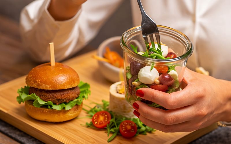 Catering Auswahl für Meetings mit kleinen Speisen, Snacks und Getränken