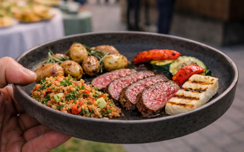 BBQ Teller mit Steak, Grillgemüse, Rosmarinkartoffeln und Couscous beim Grillcatering Berlin