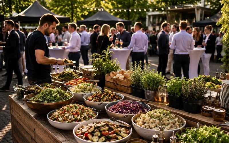 Catering Berlin Mitte mit Outdoor Buffet, Grillcatering und sommerlichem Business Event im Außenbereich