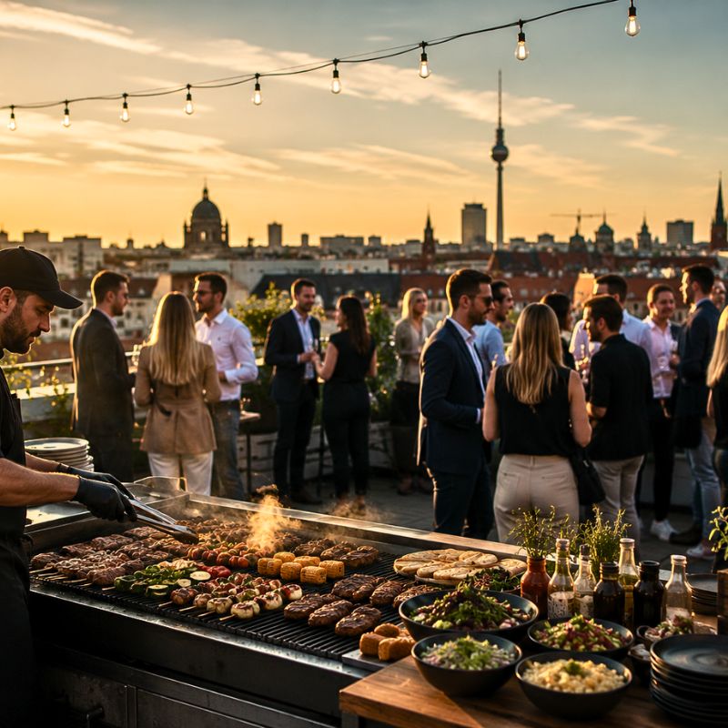 Grill Catering Berlin Mitte mit Rooftop BBQ, Live Grillstation und Event Catering für Firmenfeiern