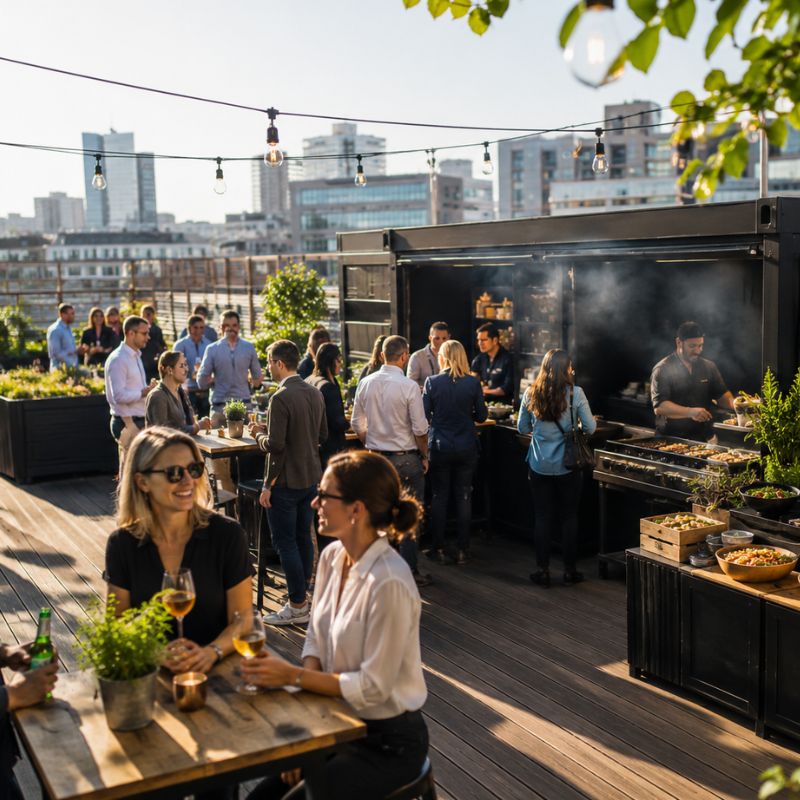 Catering Berlin Mitte mit Rooftop BBQ, Live Grill und Outdoor Event für Corporate Summer Party