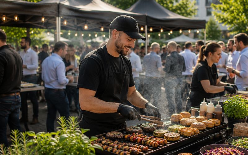 Catering Berlin Mitte mit Grillcatering, Outdoor Buffet und Live Cooking für Sommerfest und Business Event