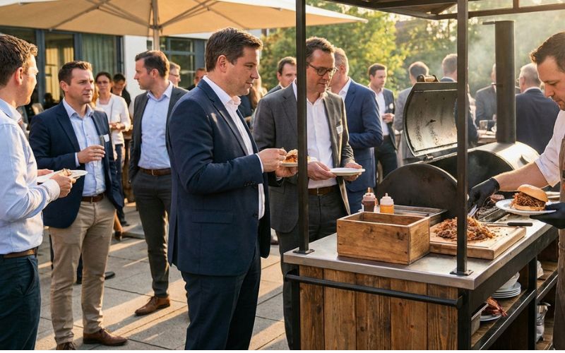 Firmenfeier Catering Berlin Mitte mit Barbecue Station und Gästen im Außenbereich